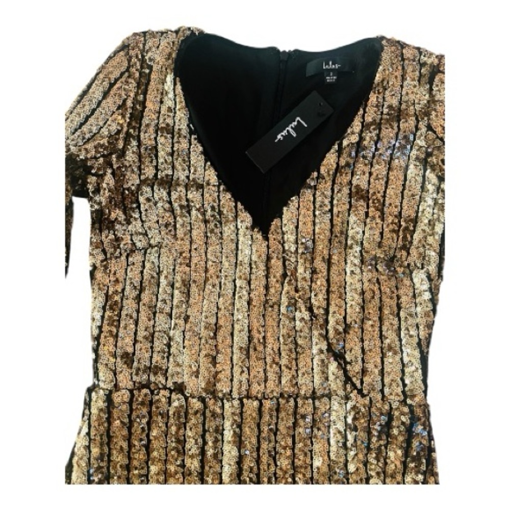 NWT Lulu's Elegant Gold Sequin Black Party Tulip Mini Dress |  New Years Eve - Picture 8 of 16